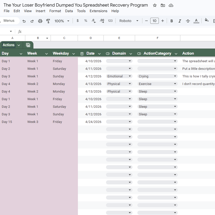 The Your Loser Boyfriend Dumped You Spreadsheet, Google Sheets version